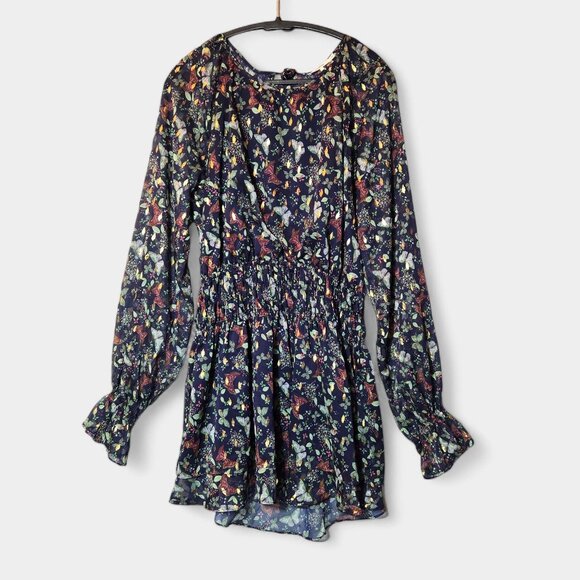 Tularosa Jaelyn Mini Dress Navy Butterfly Print Semi Sheer Flowy Boho Large NWT - Picture 3 of 16